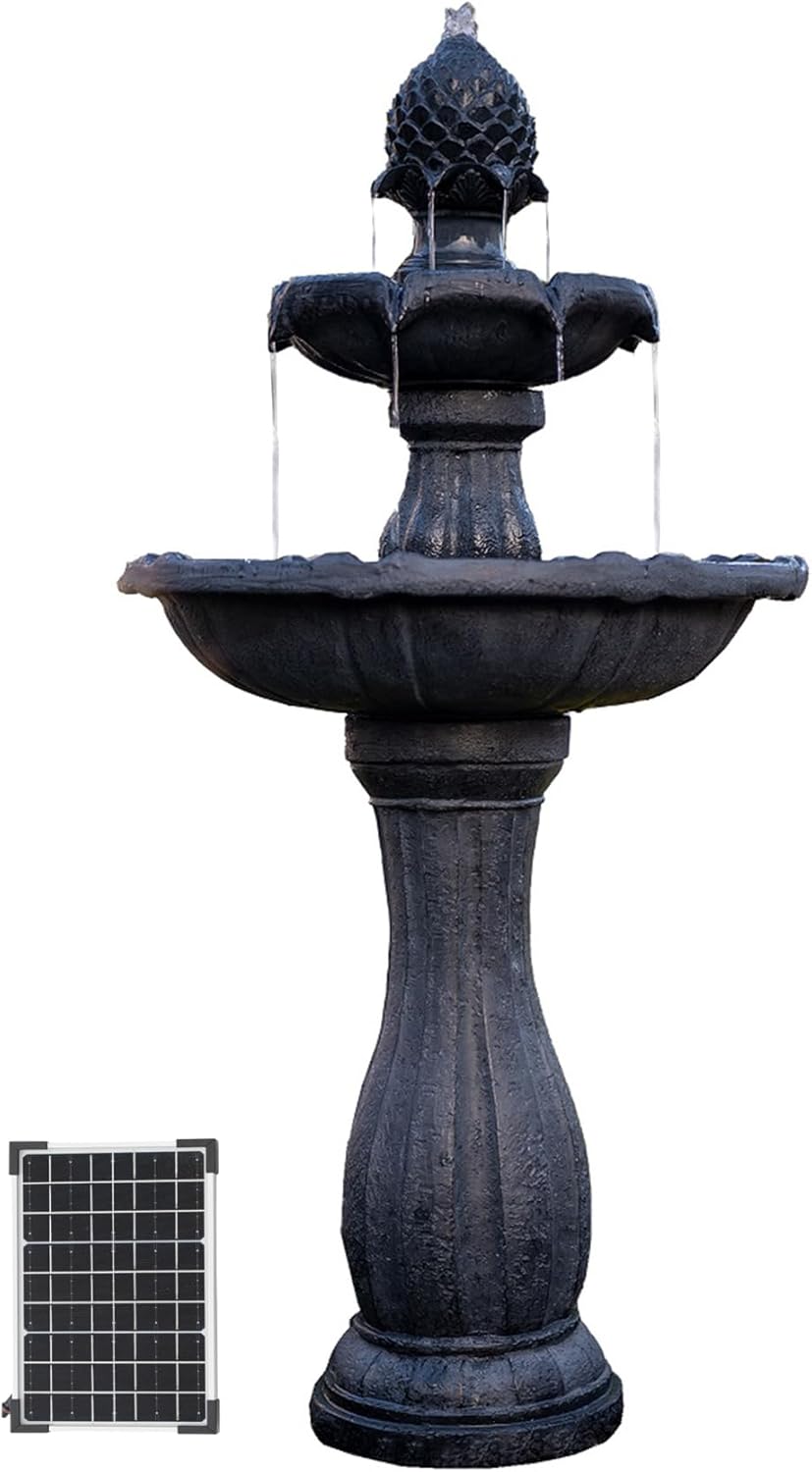 XBrand 44' Solar Powered 2-Tier Outdoor Water Fountain, Fiberglass Resin Fountain with Solar Panel and Auto Shut-Off Pump, Black