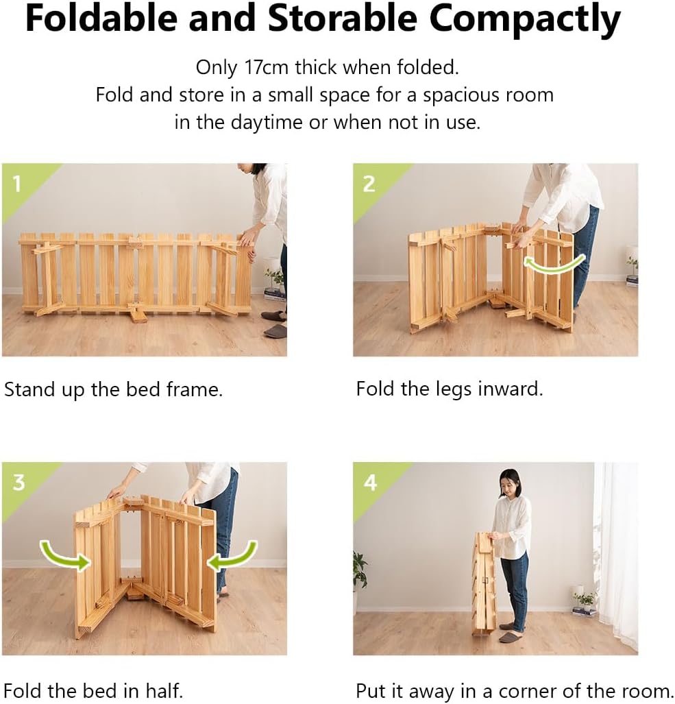 EMOOR Foldable Wood Slatted Floor Bed Frame OSMOS Daybed Size (26x71in) Solid Pine (Earth-Natural), Easy Assembly Space Saving Storable Floor Life Tatami