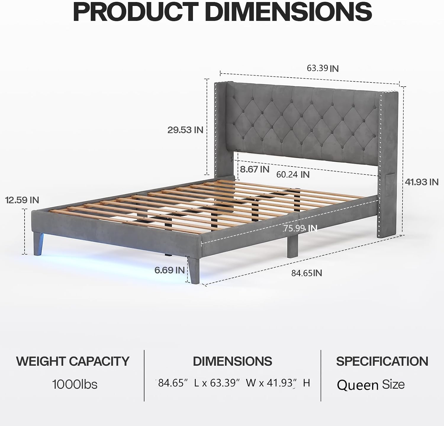 Lihimte Queen Size Bed Frame with Led Lights, Upholstered Velvet Platform Bed Frames with Button Tufted Wingback Headboard and Footboard, Wooden Slats Support, No Box Spring Needed, Dark Grey