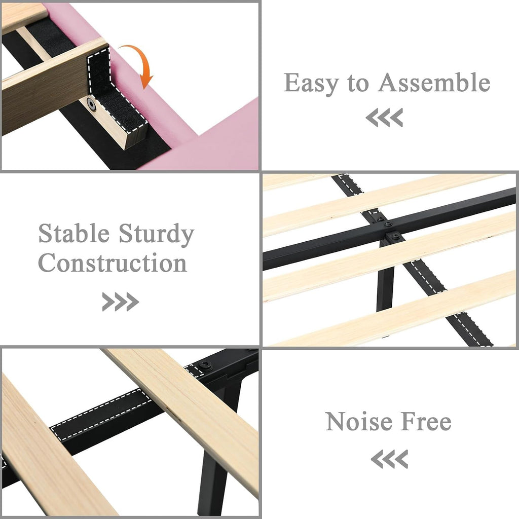HOMBCK Queen Bed Frame, Upholstered Bed Frame with Diamond Headboard, Modern Queen Size Bed with Wooden Slats Support, Mattress Foundation, No Box Spring Needed, Easy Assembly, Pink