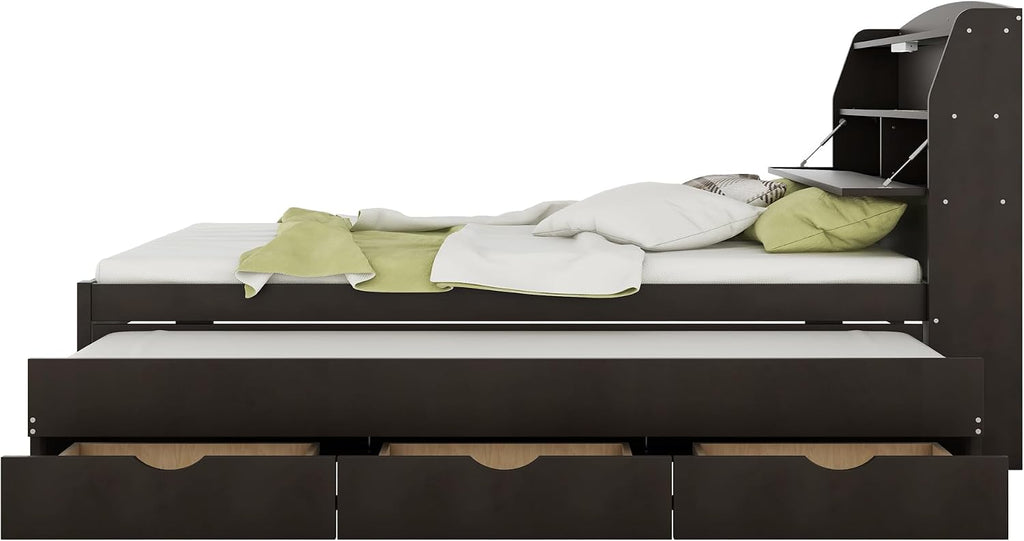 VilroCaz Modern Multi-Function Full Size Platform Bed with Trundle and 3 Drawers, Wood Captain Platform Bed Frame with Storage Headboard and Night Light, Maximized Space (Brown-H1, Full)