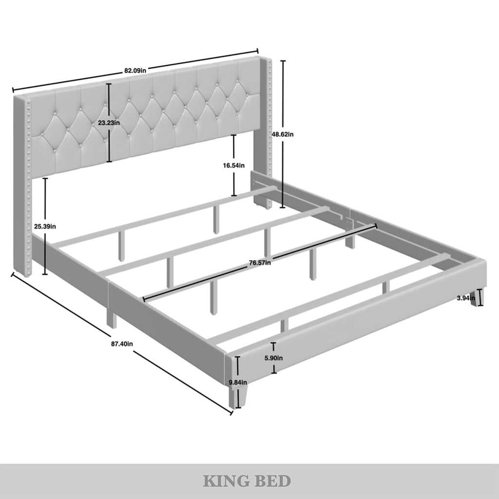 King Button Tufted Wingback Velvet Upholstered Bed, Silver Grey