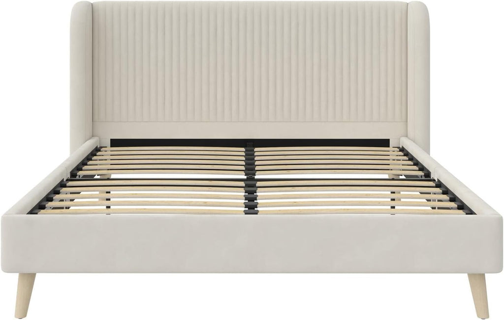 Novogratz Holly Upholstered Wingback Bed Frame, Queen, Ivory Velvet