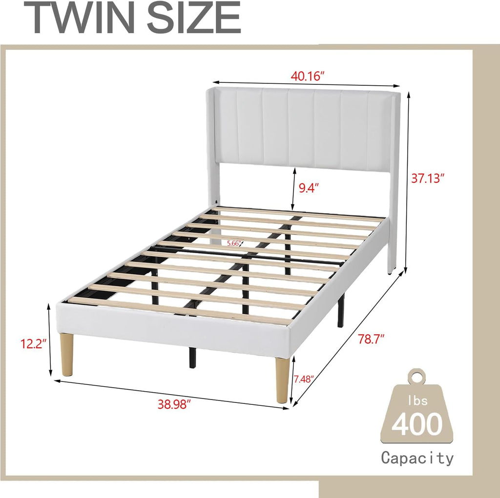 AGARTT Upholstered Platform Bed Frame Twin Size with Headboard and Footboard/Wooden Slats Support/No Box Spring Needed/Easy Assembly,White Linen
