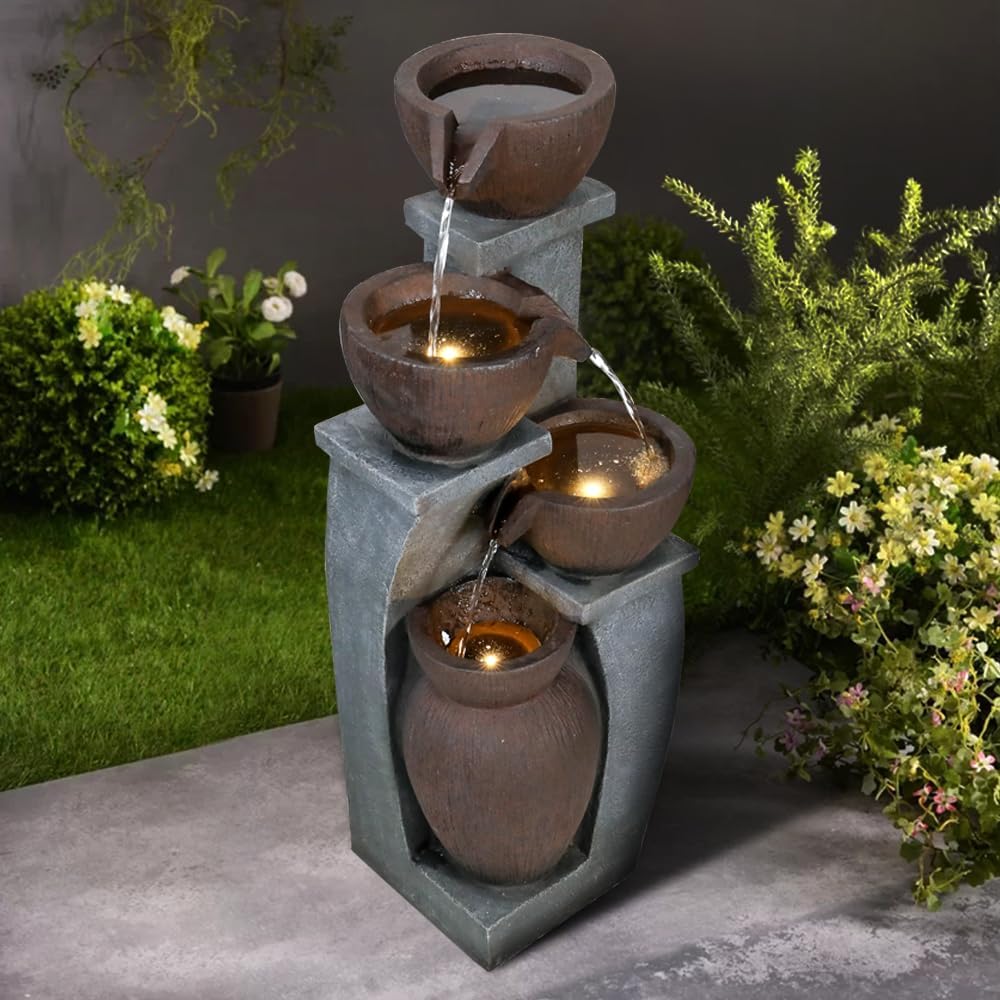 32.8' H 4-Tier Modern Outdoor Water Fountain - LED Lighted Indoor Outdoor Garden Fountains and Waterfalls for Garden, Patio, Backyard, Deck, Porch and Home Art Decor