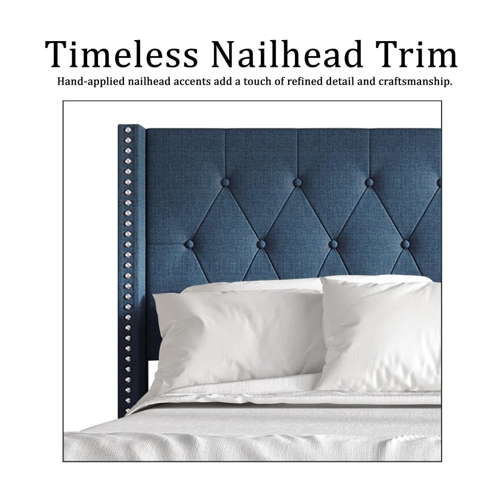 Queen Button Tufted Wingback Linen Upholstered Bed, Charcoal Grey