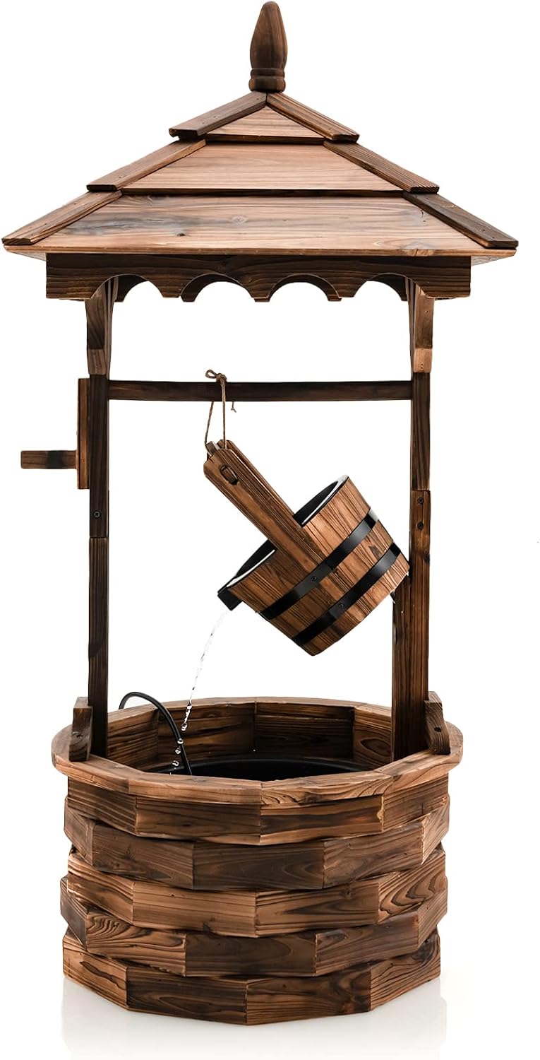 Giantex Rustic Wishing Well Fountain, Outdoor Wooden Water Fountain with Electric Pump, 5 Adjustable Water Flow Rates, Water Bucket, Freestanding Decorative Wishing Well for Backyard Patio Garden