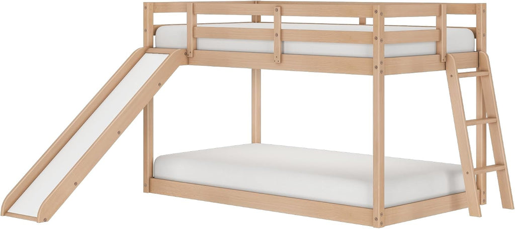 Grain & Grove Bear Twin Over Twin Bunk Bed with Slide, Low Bunk Bed Frame for Kids, Bunk with Ladder, Guardrail, and Slats, No Box Spring Required, Oak Embossed Natural