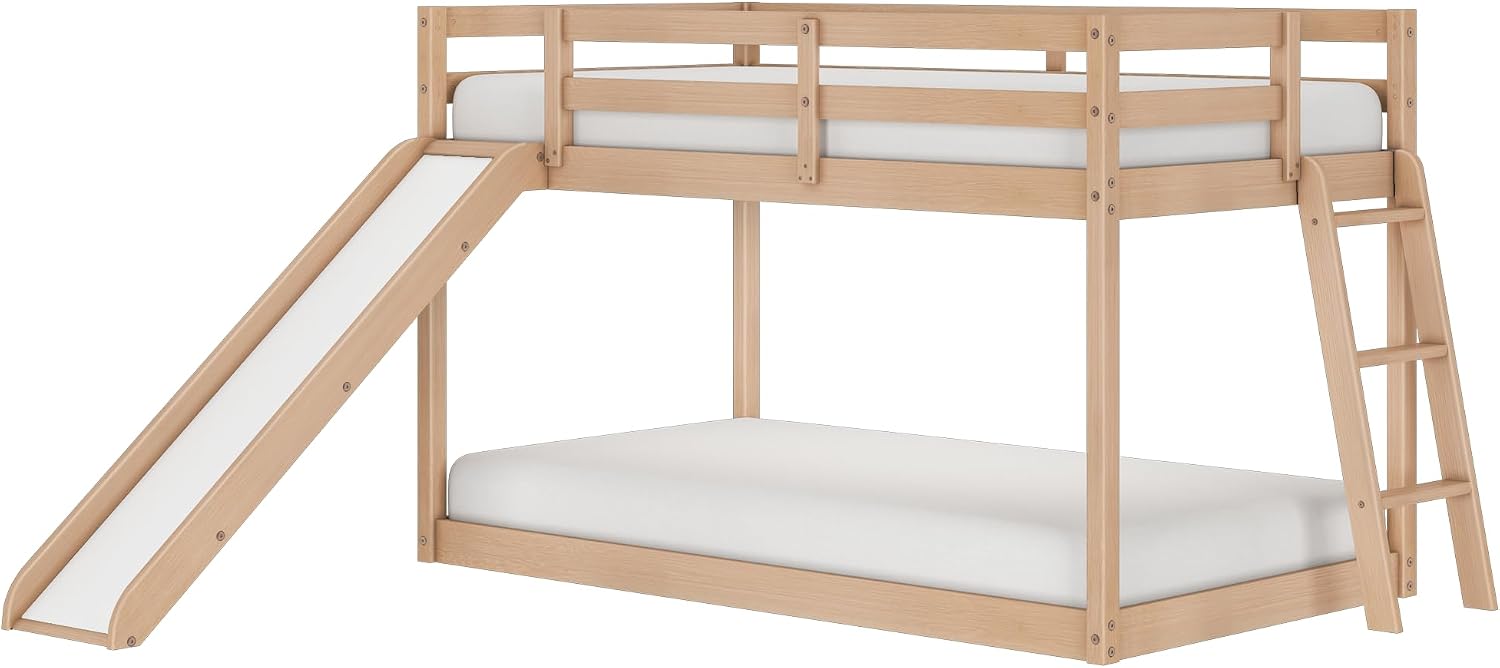 Grain & Grove Bear Twin Over Twin Bunk Bed with Slide, Low Bunk Bed Frame for Kids, Bunk with Ladder, Guardrail, and Slats, No Box Spring Required, Oak Embossed Natural