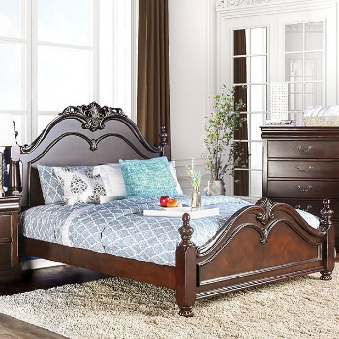 MASARA 5-Piece Traditional Queen Bedroom Set, Cherry Finish, Low Post Bed with Ornate Details.