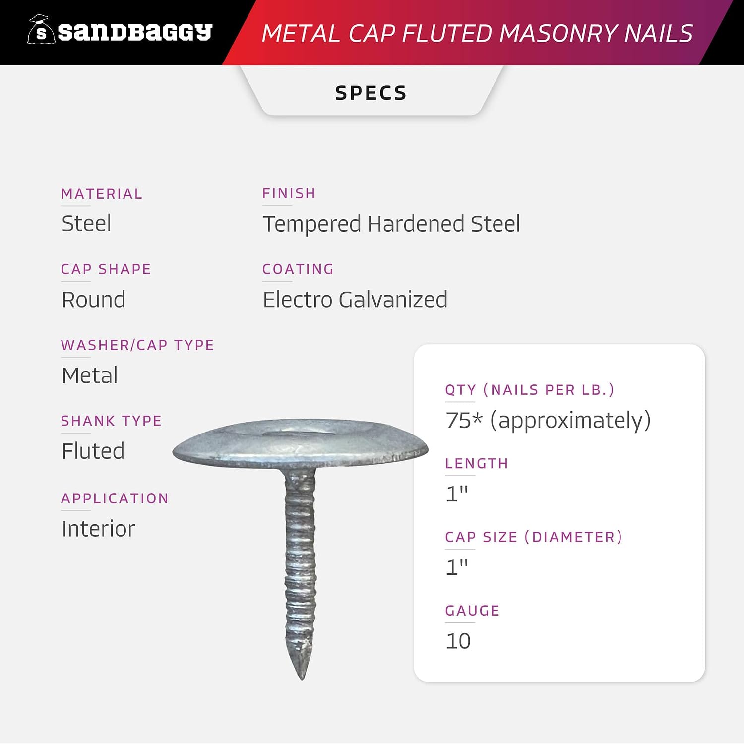 Sandbaggy 1' Metal Cap Fluted Masonry Nails - Electro Galvanized Steel (appx. 75 nails/lb) - Cement, Brick, Concrete Nails (25, Pounds)