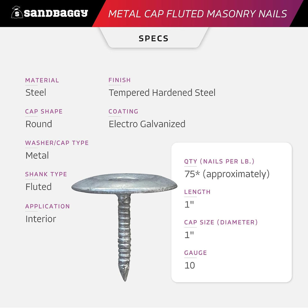Sandbaggy 1' Metal Cap Fluted Masonry Nails - Electro Galvanized Steel (appx. 75 nails/lb) - Cement, Brick, Concrete Nails (100, Pounds)