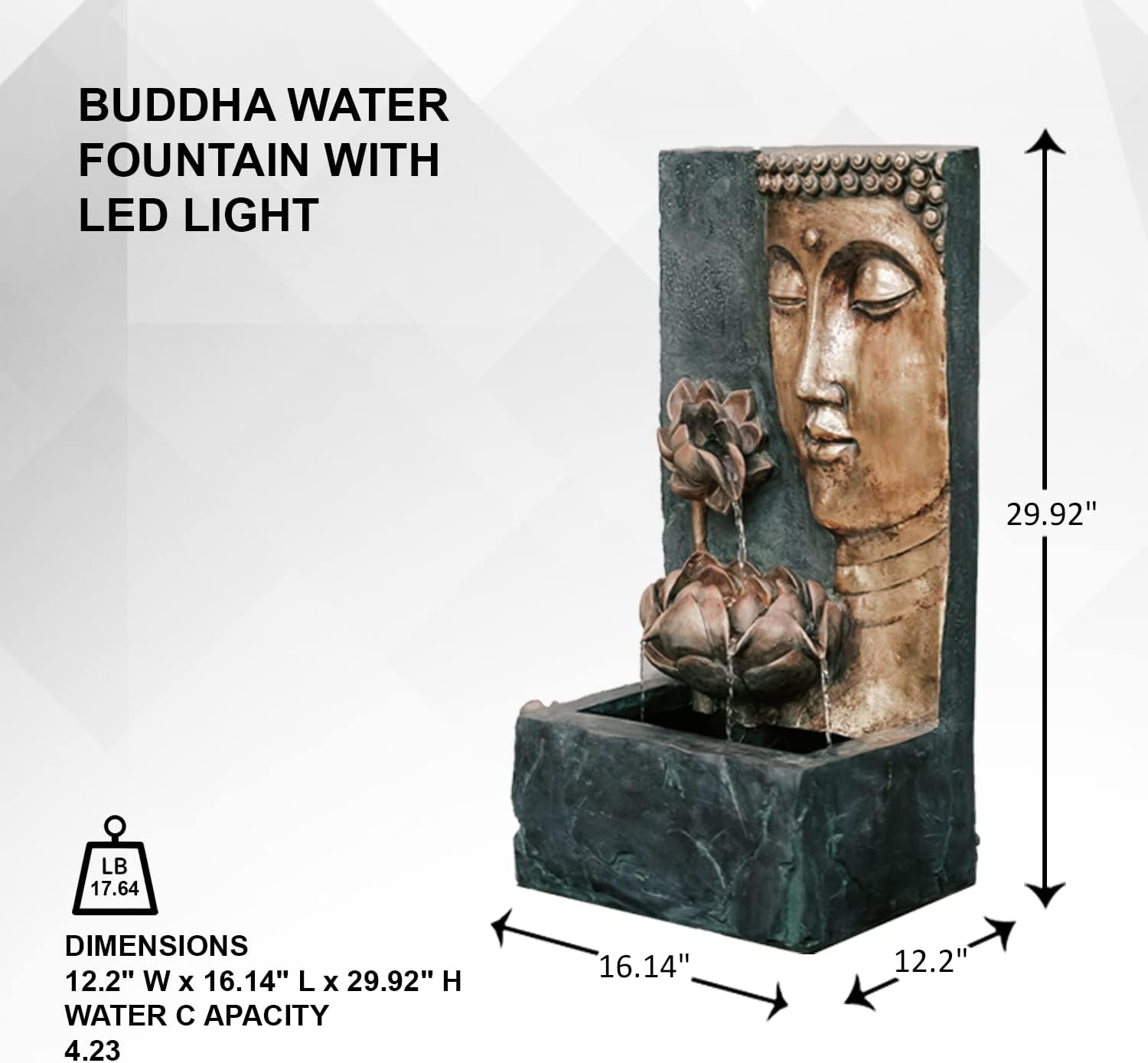 XBrand 30' H Zen Buddha Face Water Fountain w/LED Light & Pump, Indoor/Outdoor Freestanding, Relaxing Zen Décor, Bronze and Natural Grey Polyresin Fountain for Home Patio Garden Backyard