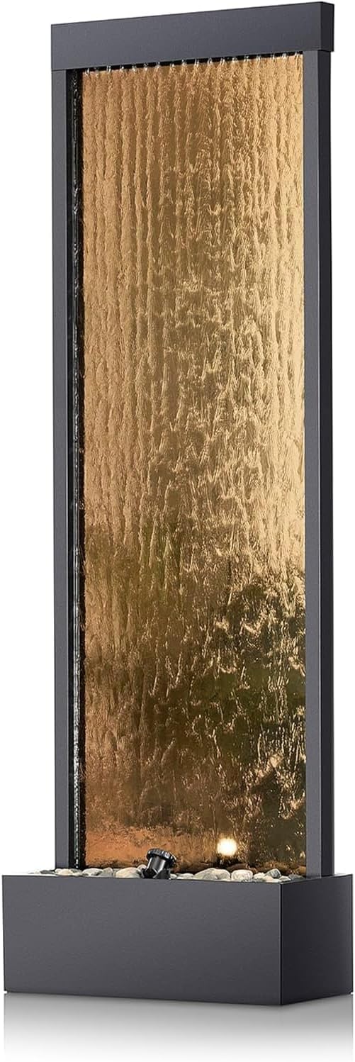 Alpine Corporation 72' Tall Indoor/Outdoor Mirror Waterfall Floor Fountain, LED Lights & River Stones, Elegant Bronze Finish for Home, Office, Patio & Entryway Decor