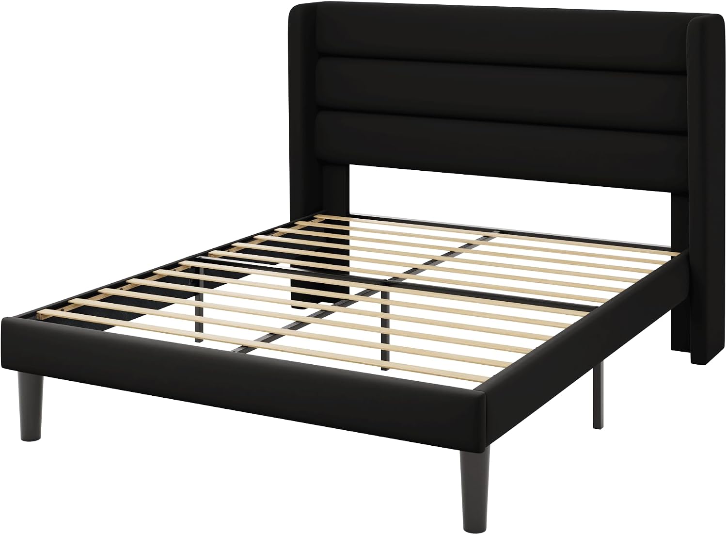 Allewie Queen Size Platform Bed Frame with Velvet Upholstered Wingback Headboard, No Box Spring Needed, Under Bed Storage Space, Strong Wooden Slats, Modern Mattress Foundation, Easy Assembly, Black