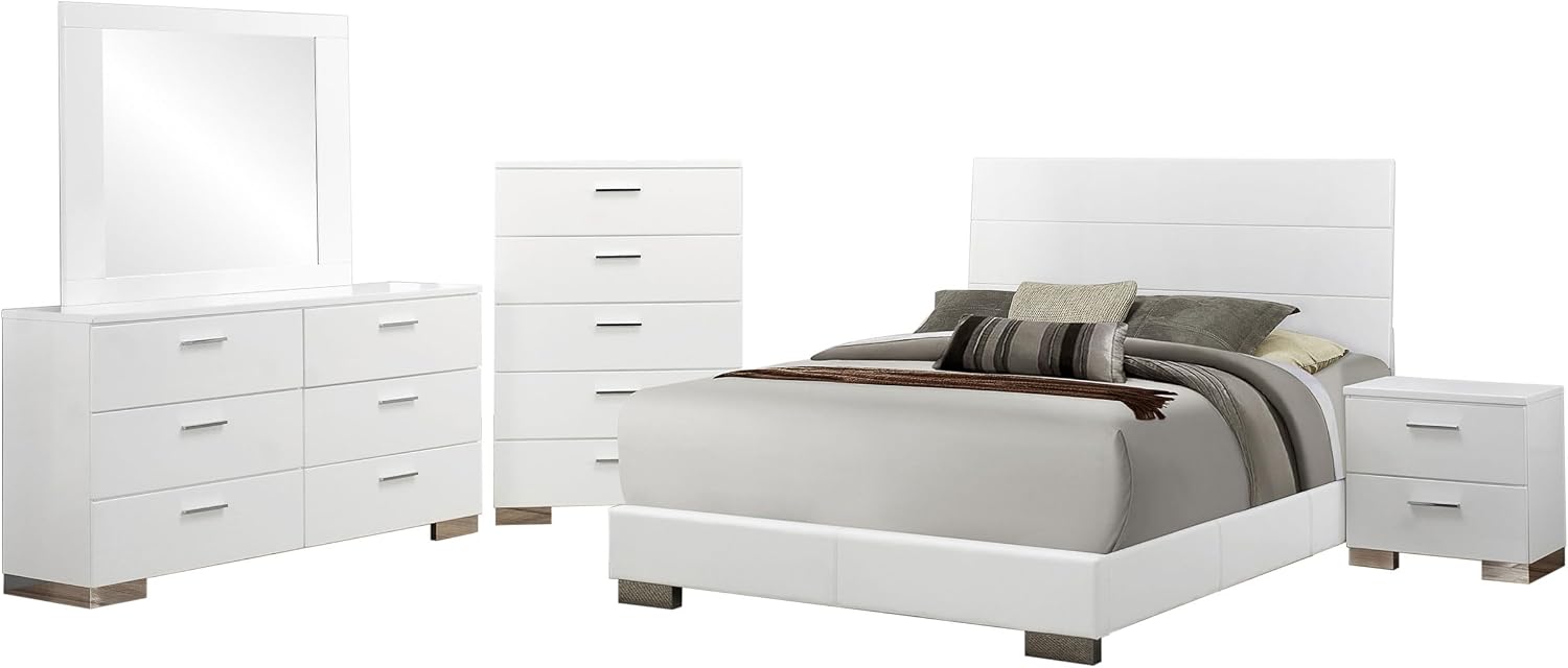 Coaster Home Furnishings Felicity Contemporary 5-Piece Bedroom Set Queen Size Panel Bed Frame 51-inch Headboard White High Gloss 203501Q-S5