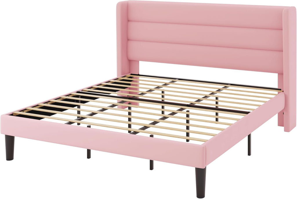 Allewie King Size Platform Bed Frame with Velvet Upholstered Wingback Headboard, No Box Spring Needed, Under Bed Storage Space, Strong Wooden Slats, Modern Mattress Foundation, Easy Assembly, Pink