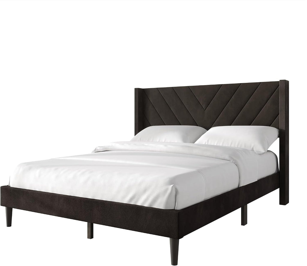 Twin Platform Bed Frame with Chevron-Stitched Wingback Headboard, Velvet Upholstery, No Box Spring Needed, Easy Assembly, Brown