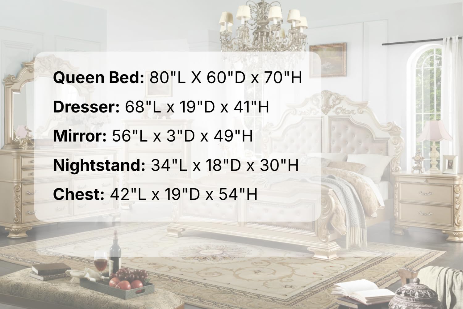 First of a Kind Miranda Gold Finish Traditional 5 Piece Queen Bedroom Set with Upholstered Tufted Headboard Ornate European Inspired Design Coordinated Furniture Collection