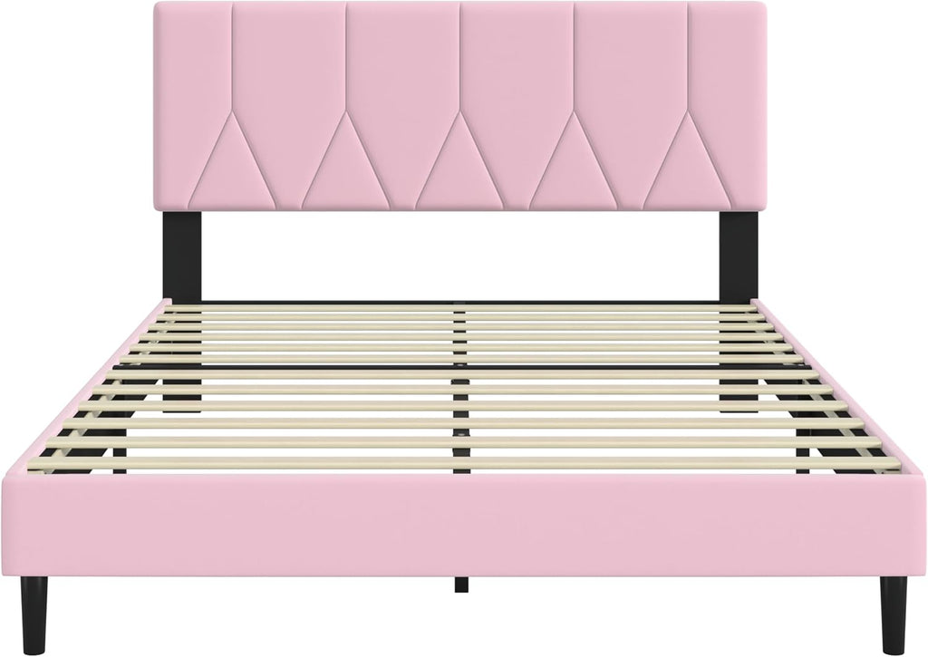 IOILORI Queen Size Bed Frame Platform with Velvet Upholstered Headboard, Sturdy Wooden Slats, No Spring Box, No Noise, Easy to Assemble, Bedframe with Strong Wooden Slats, Pink