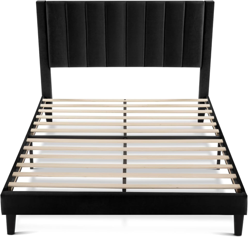SHA CERLIN Queen Bed Frame/Velvet Upholstered Platform Bed Frame with Headboard/Strong Wood Slats Support/Mattress Foundation/No Box Spring Needed - Black