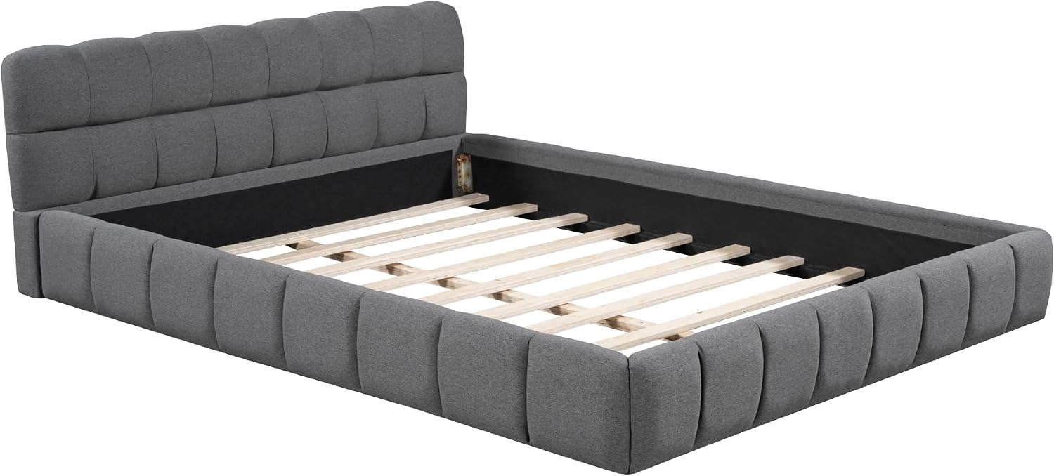 Merax Queen Size Upholstered Platform Bed Frame for Boys Girls Kids Adults Toddler with Thick Fabric, Grounded Bed with Solid Frame, Gray