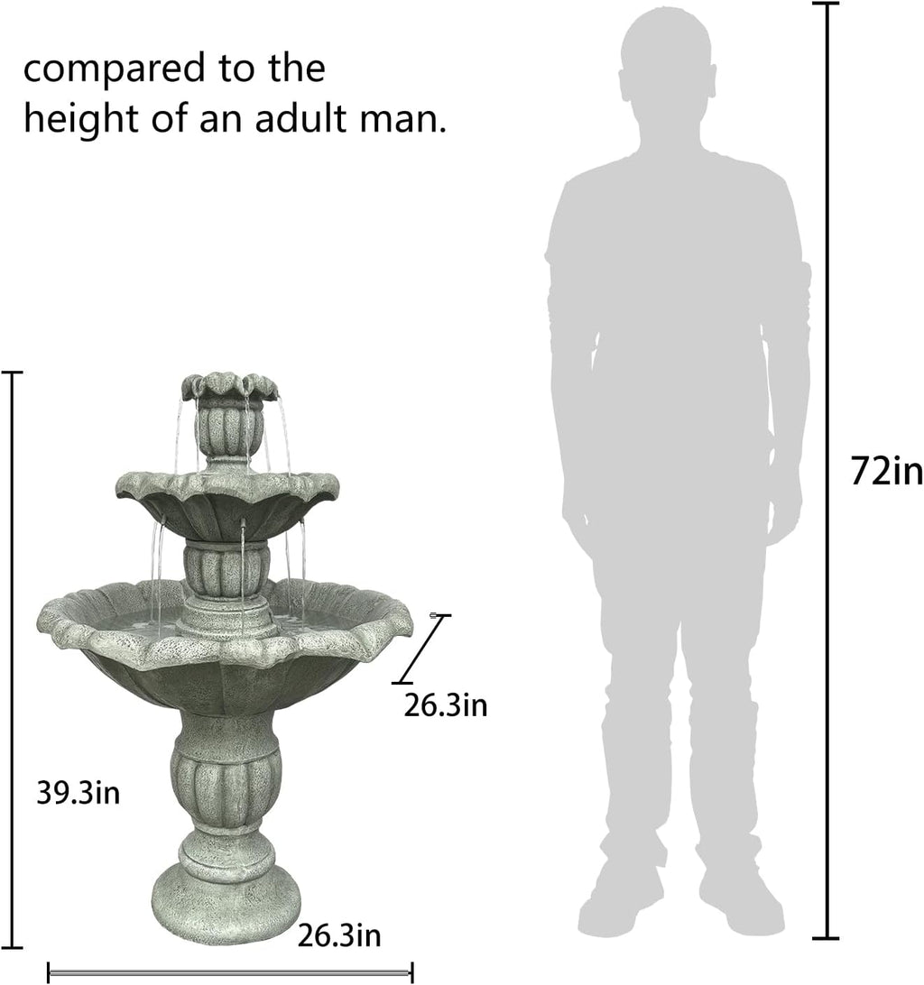 39.3' H Outdoor Floor Water Fountain, 3-Tiers Concrete Water Fountain with Submersible Electric Pump - Garden Cascading Waterfall for Yard Patio Lawn Home Decor