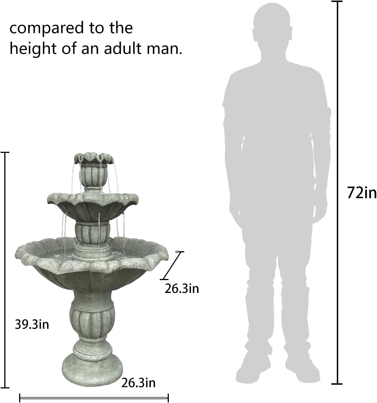 39.3' H Outdoor Floor Water Fountain, 3-Tiers Concrete Water Fountain with Submersible Electric Pump - Garden Cascading Waterfall for Yard Patio Lawn Home Decor