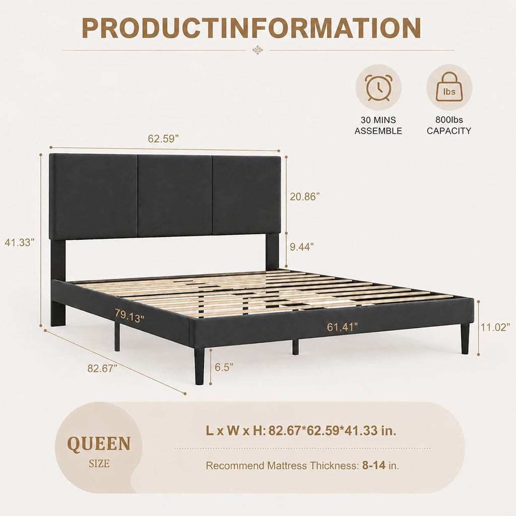 Queen Size Bed Frame with Headboard, Velvet Upholstered Platform Bed Frame, Sturdy Slatted Support for Springless Mattresses, Silent Operation, Easy to Assemble, Black