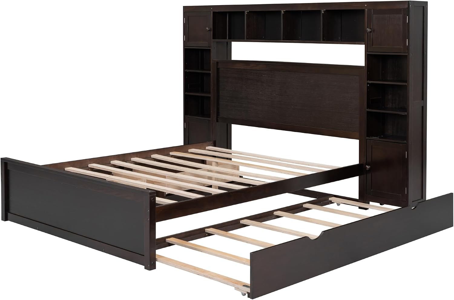 Queen Platform Bed with All-in-One Cabinet, Shelf and Sockets, Wood Queen Beds with 2 Storage Drawers and Trundle, Queen Size Bed Frame for Bed Room, No Box Spring Needed,Espresso