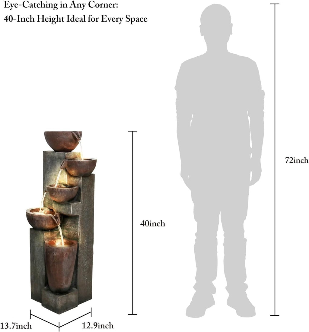 SunJet 5-Tier Cascading Indoor/Outdoor Water Fountain with LED Lights - 39.7' High Large Waterfall Floor Standing Fountain for Garden, Patio, Yard, and Deck Decor - Relaxing Outdoor Water Feature