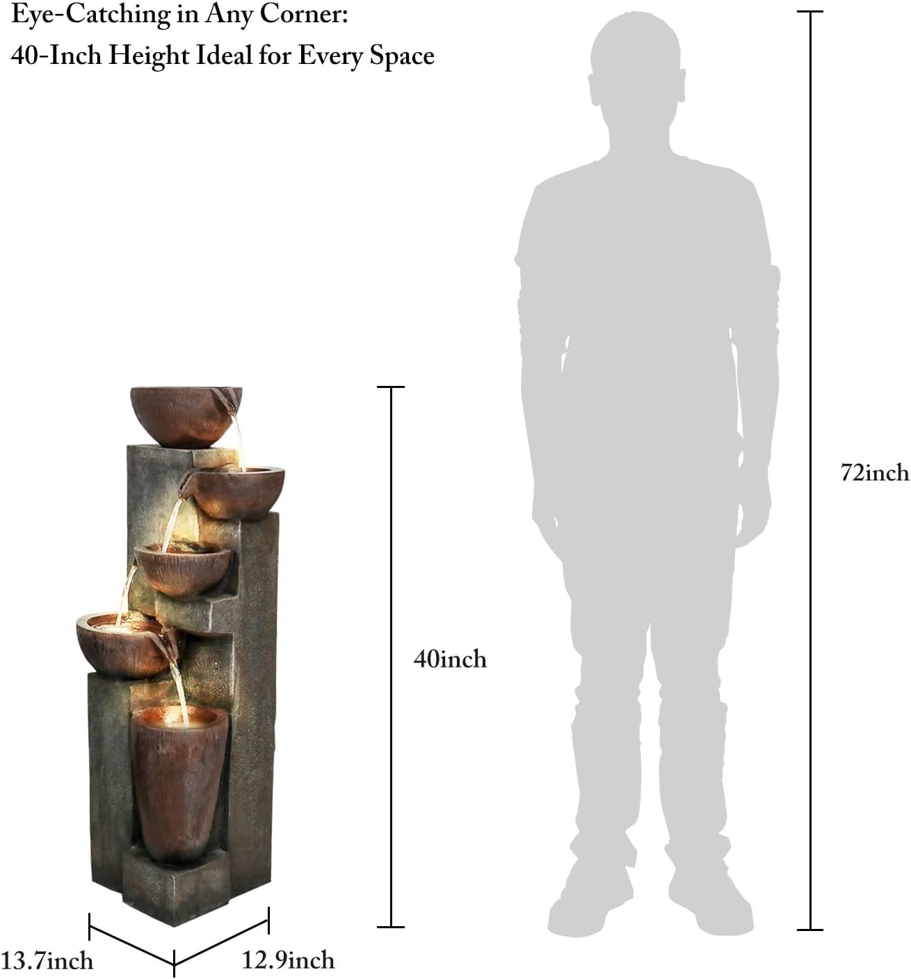 SunJet 5-Tier Cascading Indoor/Outdoor Water Fountain with LED Lights - 39.7' High Large Waterfall Floor Standing Fountain for Garden, Patio, Yard, and Deck Decor - Relaxing Outdoor Water Feature