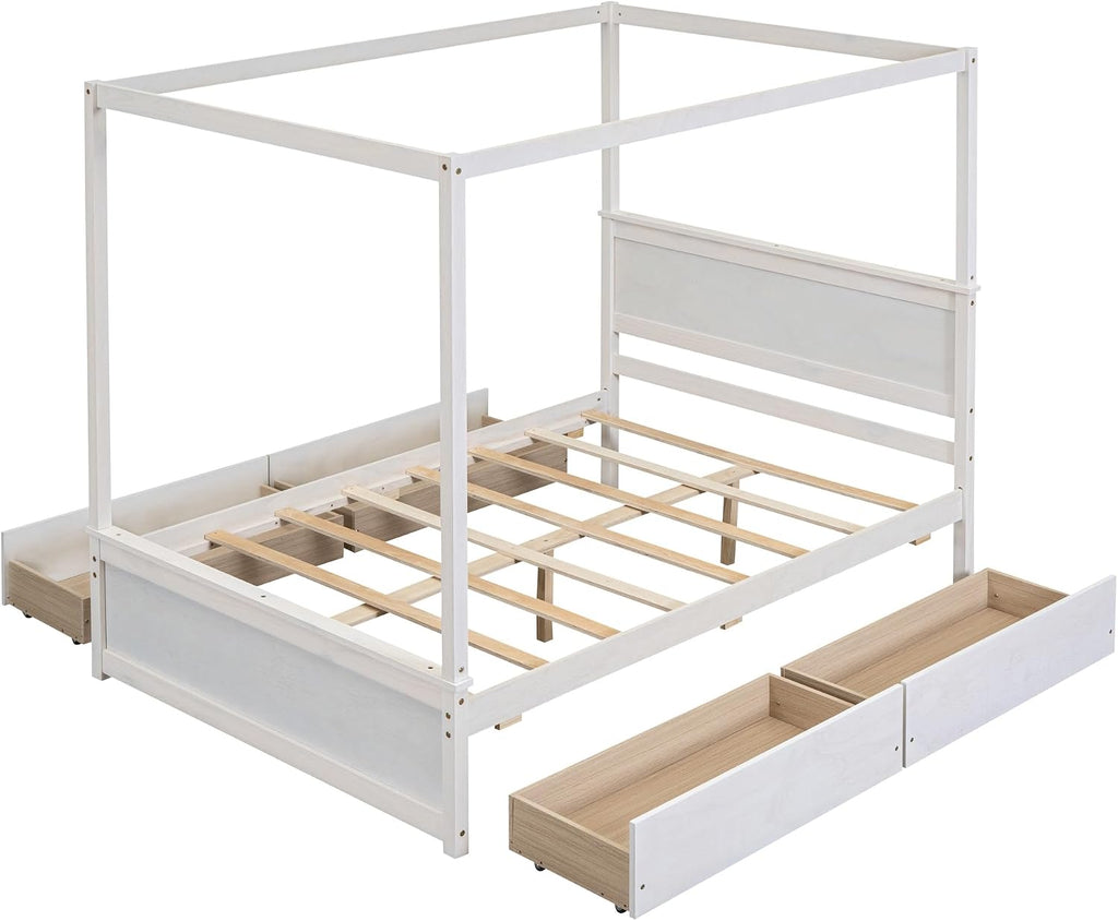 Harper & Bright Designs Wood Canopy Bed with Four Drawers,Full Size Canopy Platform Bed with Support Slats .No Box Spring Needed, Brushed White