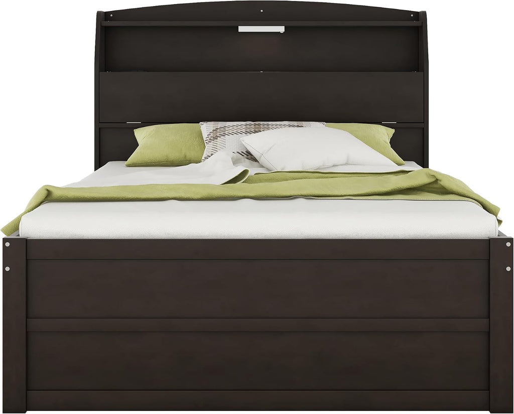 VilroCaz Modern Multi-Function Full Size Platform Bed with Trundle and 3 Drawers, Wood Captain Platform Bed Frame with Storage Headboard and Night Light, Maximized Space (Brown-H1, Full)