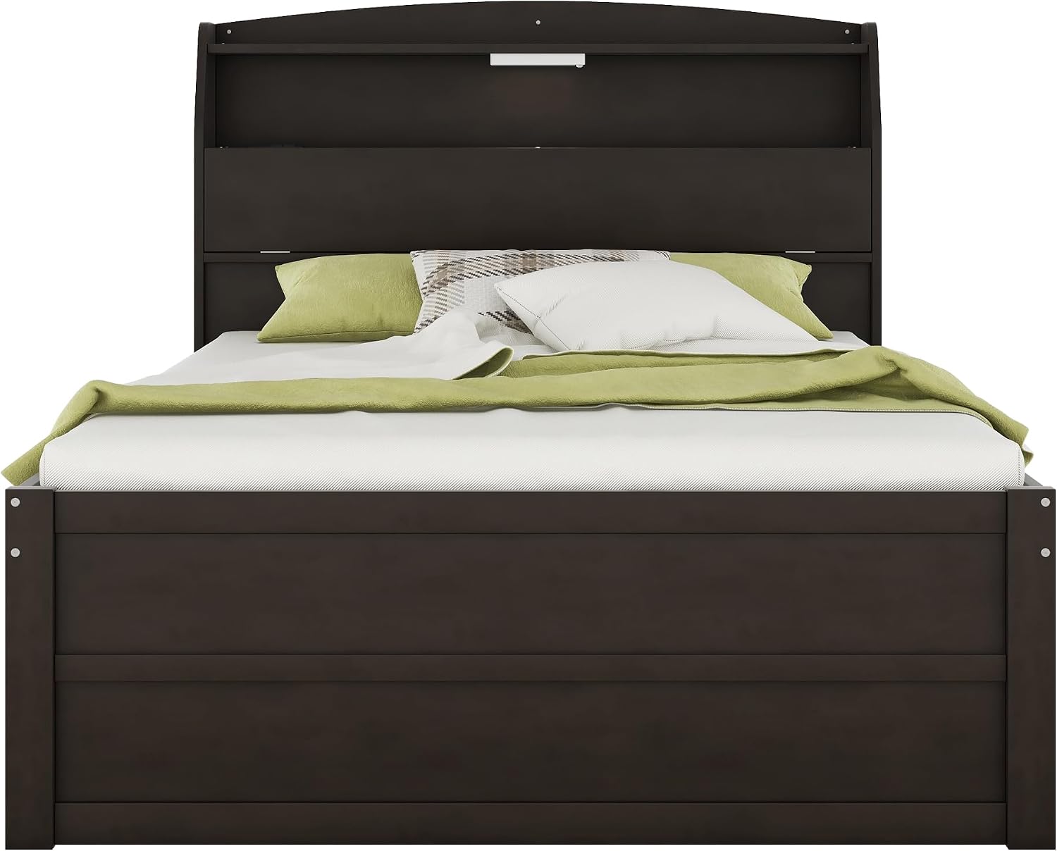 VilroCaz Modern Multi-Function Full Size Platform Bed with Trundle and 3 Drawers, Wood Captain Platform Bed Frame with Storage Headboard and Night Light, Maximized Space (Brown-H1, Full)