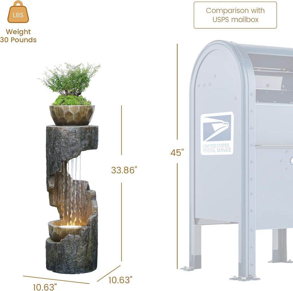 Outdoor Fountain Garden - Patio Waterfall Fountain with Lights, Rustic Wood-Style Cascading Waterfall with Planter Bird Feeder, Resin Water Feature for Deck, Patio, Backyard or Porch, 33.9' H