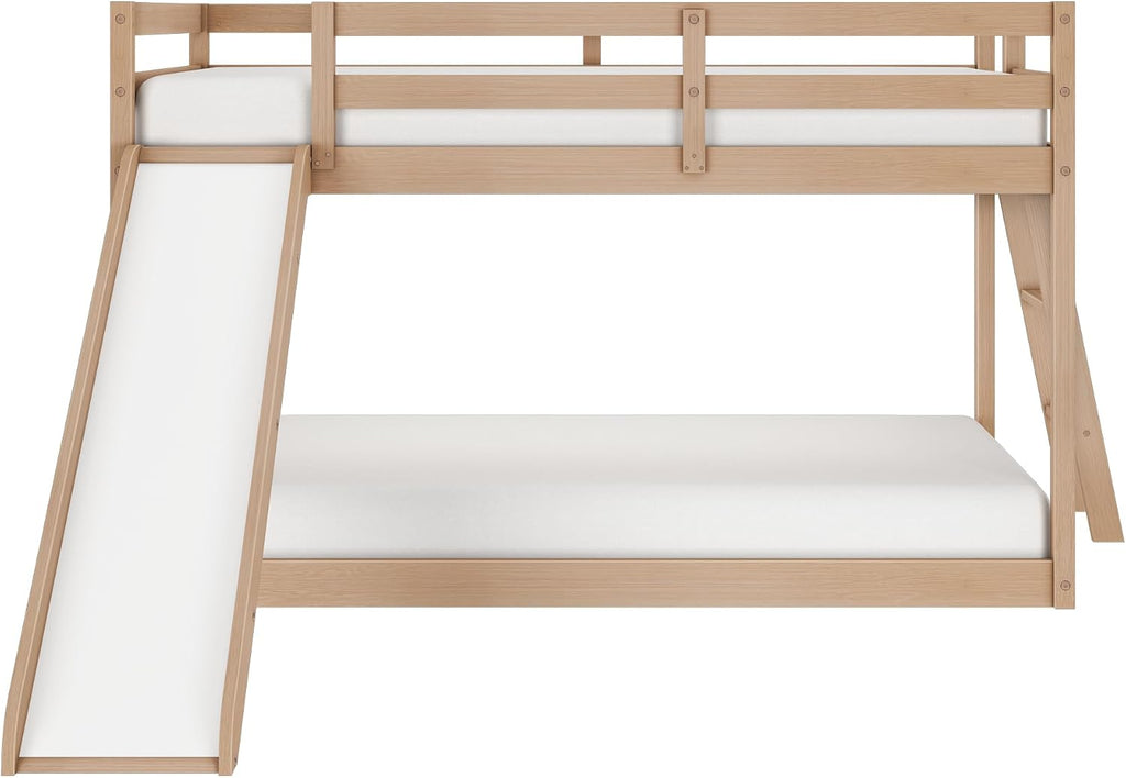 Grain & Grove Bear Twin Over Twin Bunk Bed with Slide, Low Bunk Bed Frame for Kids, Bunk with Ladder, Guardrail, and Slats, No Box Spring Required, Oak Embossed Natural