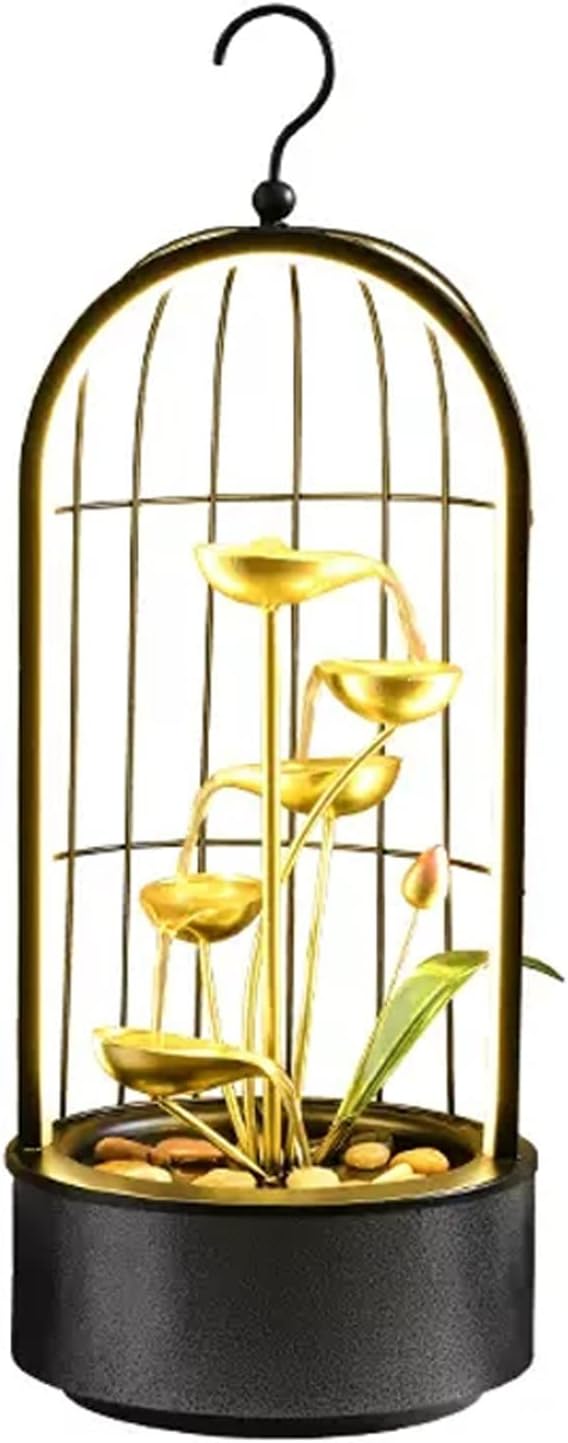 Tabletop Fountain Tabletop Fountain, Water Fall Indoors, Fountain Desktop 5-Tier Indoor Relaxation Fountains Waterfall, Black Birdcage Decoration Design Fountain Waterfall for Indoor Spaces Water Foun