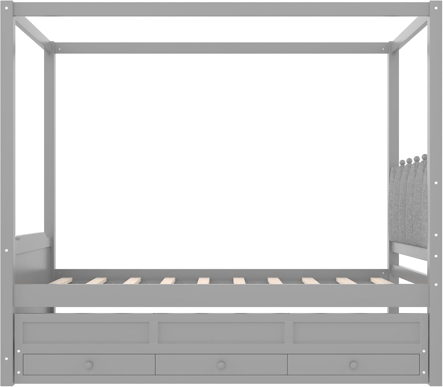 Twin Size Wood Canopy Bed with Upholstered Headboard, Twin Size Trundle and 3 Drawers, No Box Spring Needed (Gray, Twin)