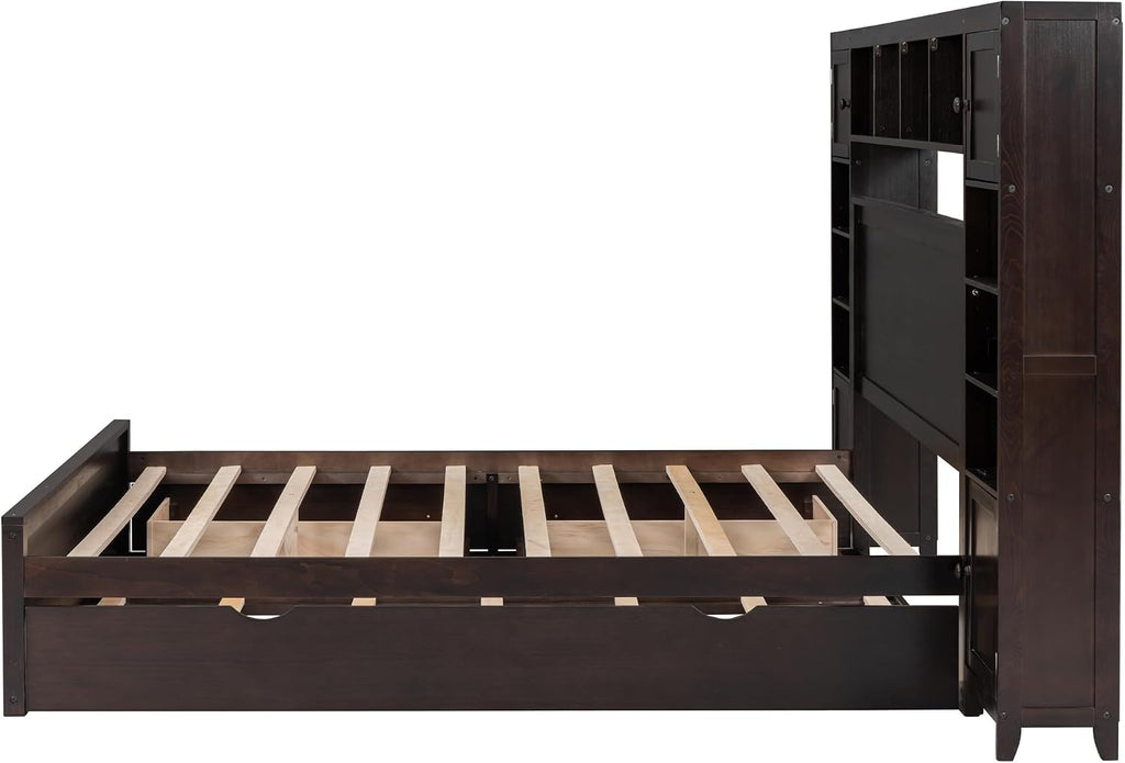 Queen Platform Bed with All-in-One Cabinet, Shelf and Sockets, Wood Queen Beds with 2 Storage Drawers and Trundle, Queen Size Bed Frame for Bed Room, No Box Spring Needed,Espresso
