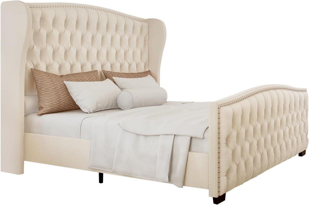 LUXOAK Queen Platform Bed Frame with Wingback Headboard, Velvet Upholstered Bed Frame with Handmade Button Tufted & Nailhead, Wooden Slats Support, Cream