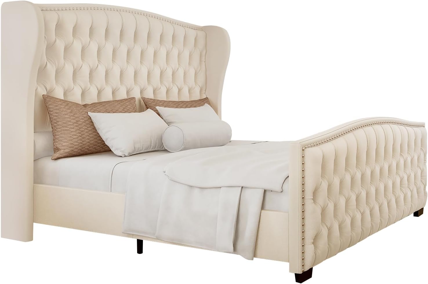 LUXOAK Queen Platform Bed Frame with Wingback Headboard, Velvet Upholstered Bed Frame with Handmade Button Tufted & Nailhead, Wooden Slats Support, Cream