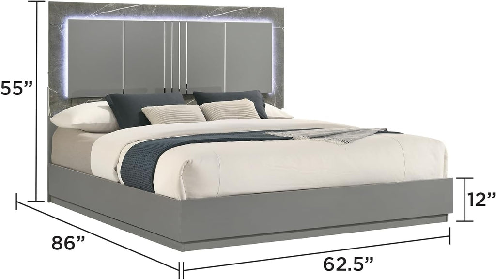 Modern Queen Bedroom Set: 4-Piece Gray Two-Tone Marble & Lacquer Furniture - LED Lighting Headboard & Red Velvet Drawers - Metal Legs for Luxurious Master Bedroom