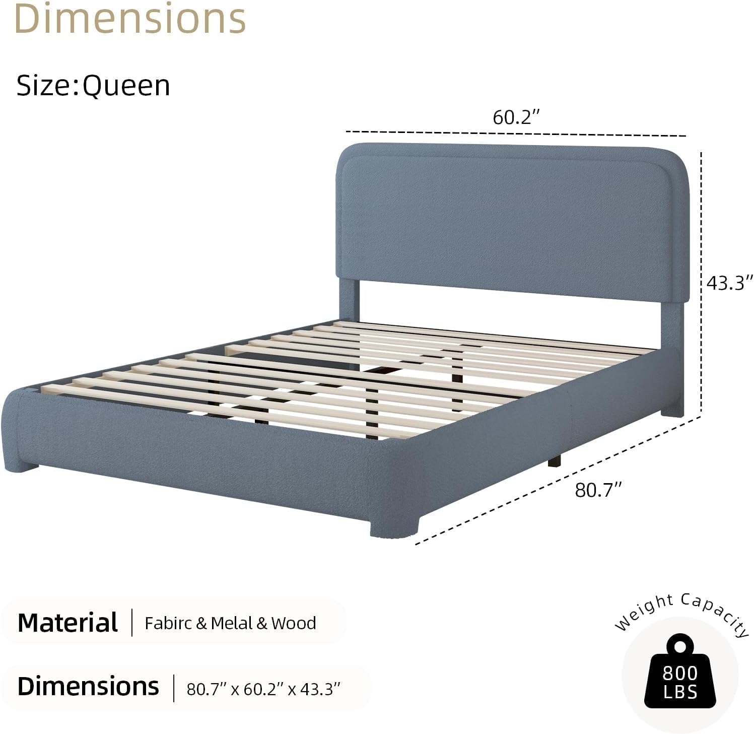 BarnFurin Queen Bed Frame with Headboard, Boucle Upholstered Platform Bed Frame, Luxurious Soft Rounded Corners, No Box Spring Required, Non-Slip and Noise-Free, Easy Assembly, Blue