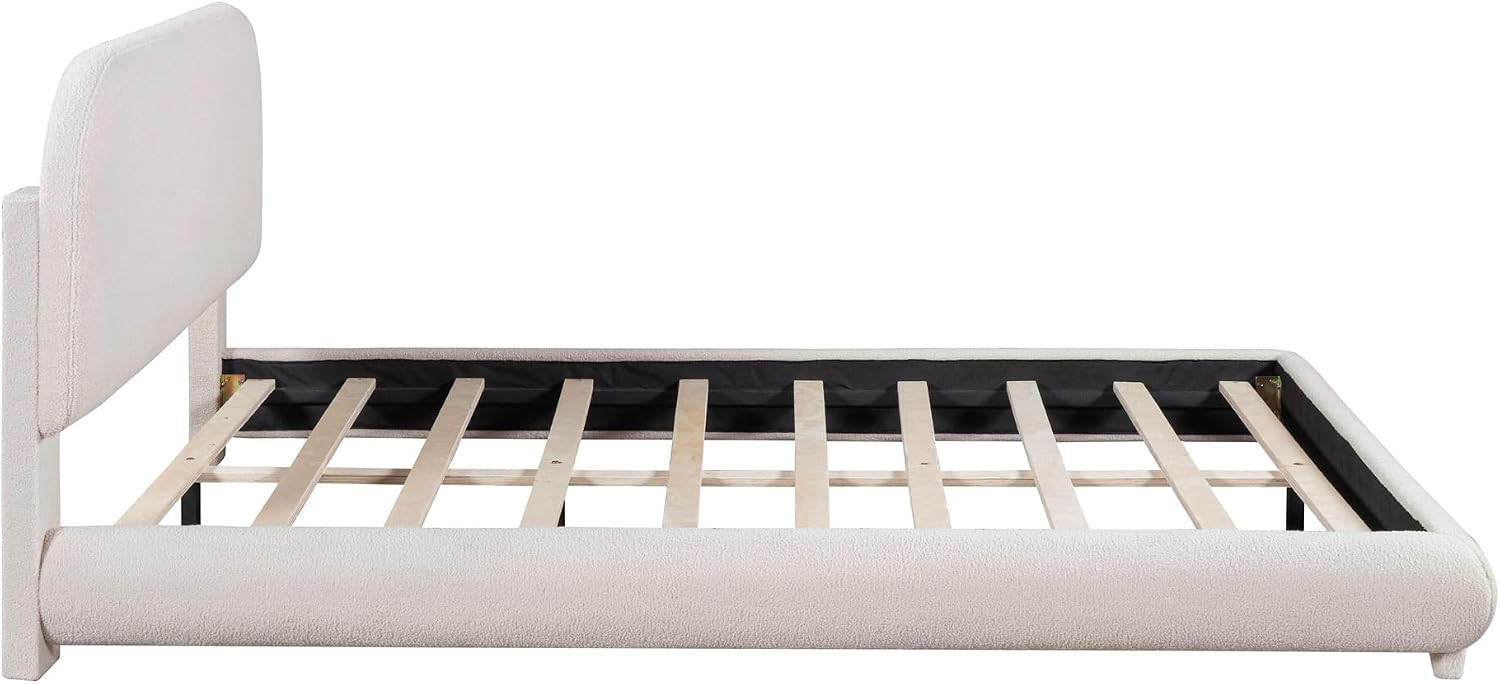KLMM Teddy Fleece Queen Size Upholstered Platform Bed with Thick Fabric, Solid Frame and Stylish Curve-Shaped Design,for Kids Teens Adults Bedroom (Beige@Teddy Fleece, Queen)