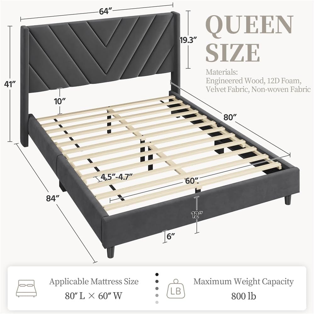 Yaheetech Queen Bed Frame Upholstered Platform Bed/Wooden Slat Support/Tufted Headboard with Wing Side/Mattress Foundation/No Box Spring Needed,Dark Gray Queen