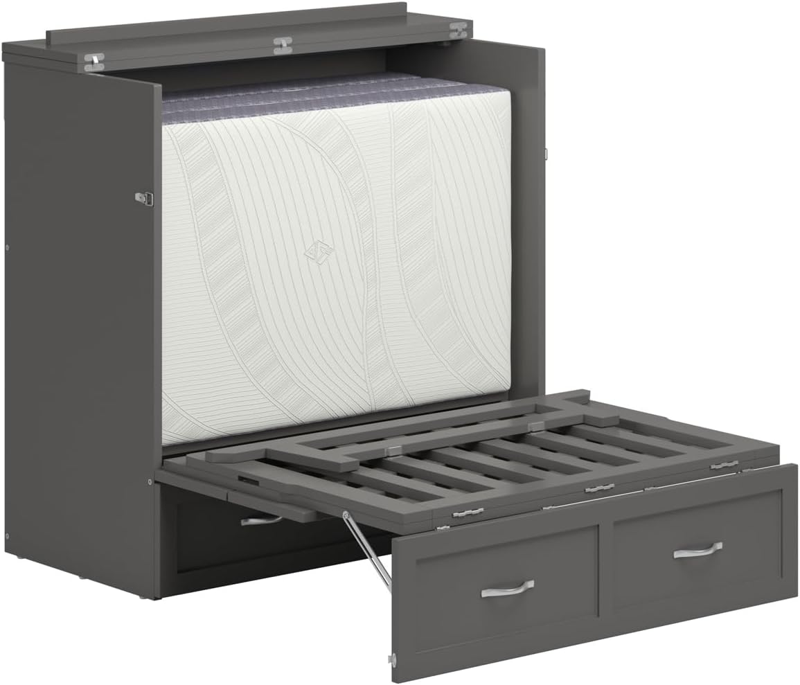 AFI, Northfield Murphy Bed Chest Twin XL with 6' Mattress, Storage Drawer & Built-in USB Charger, Grey