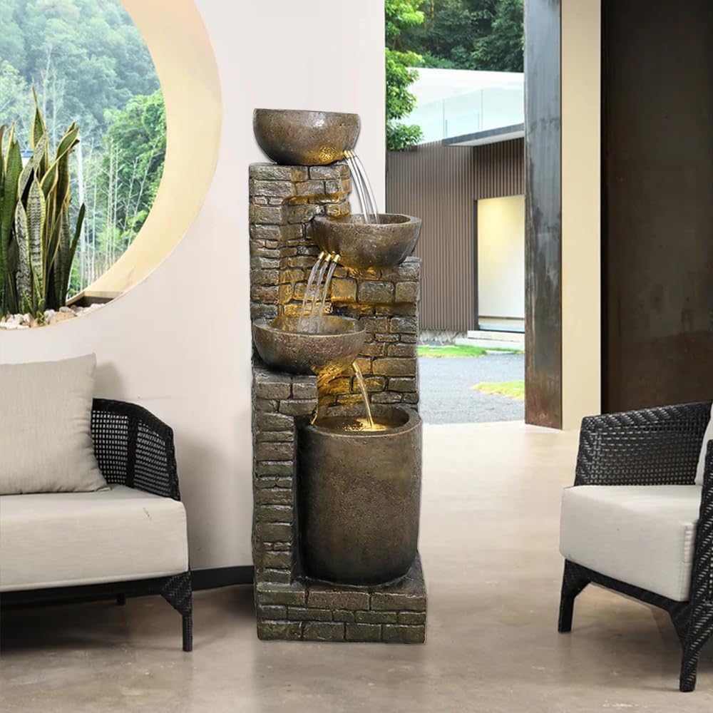 Hamiedun 38.2 ''H Water Fountain Outdoor Cascading Bowls and Stacked Stones with Led Lights Waterfalls Fountain for Outside Gardens, Landscaping, Balconies, Floor Patio,Backyard and Home Art Decor