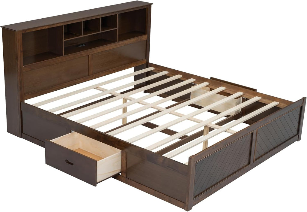 VilroCaz Wood King Size Platform Bed with Storage Headboard and USB Port, Modern Platform Bed Captain's Bed Frame with 2 Drawers, Sturdy Slats Support, Maximize Space (Antique Wood-M4)