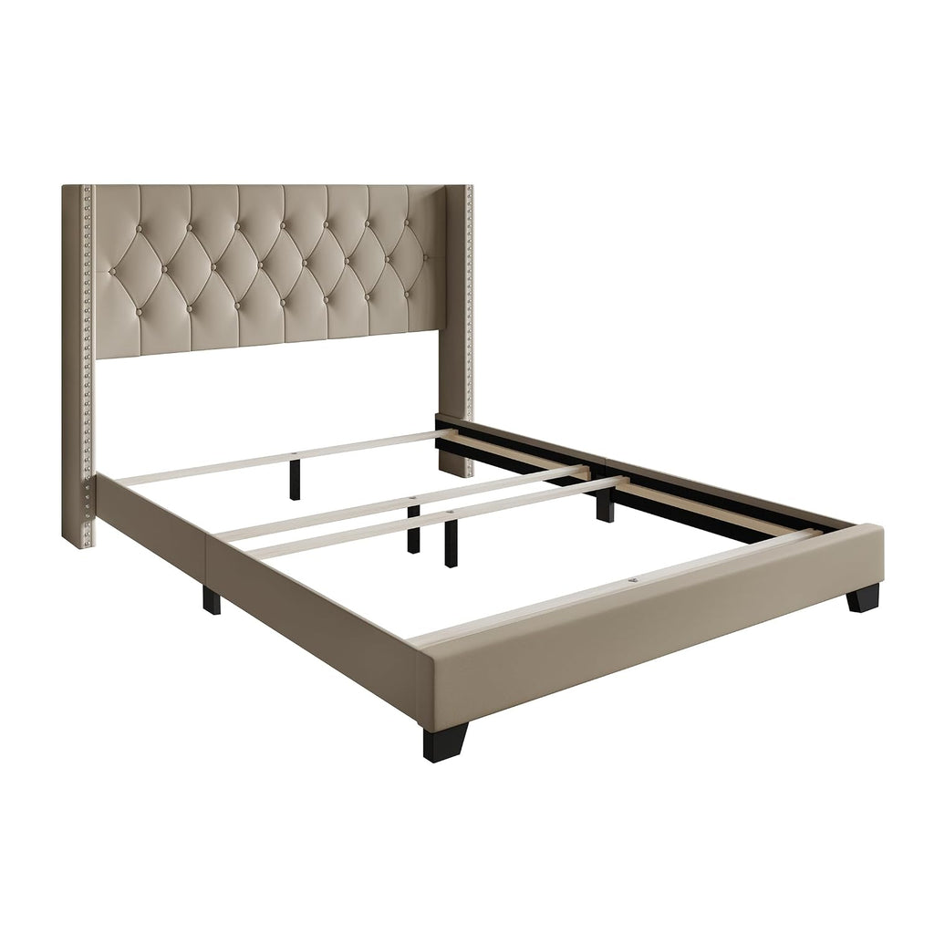 Queen Button Tufted Wingback Faux Leather Upholstered Bed, Gold